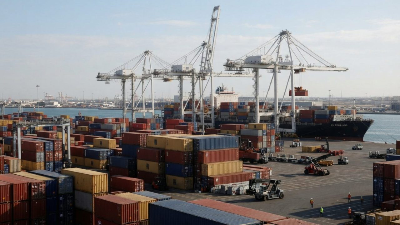 Illustration: Commercial shipping containers stacked at an active marine cargo terminal with heavy gantry cranes against an industrial harbor skyline
