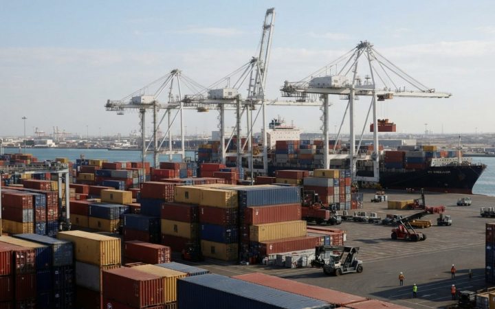 Illustration: Commercial shipping containers stacked at an active marine cargo terminal with heavy gantry cranes against an industrial harbor skyline