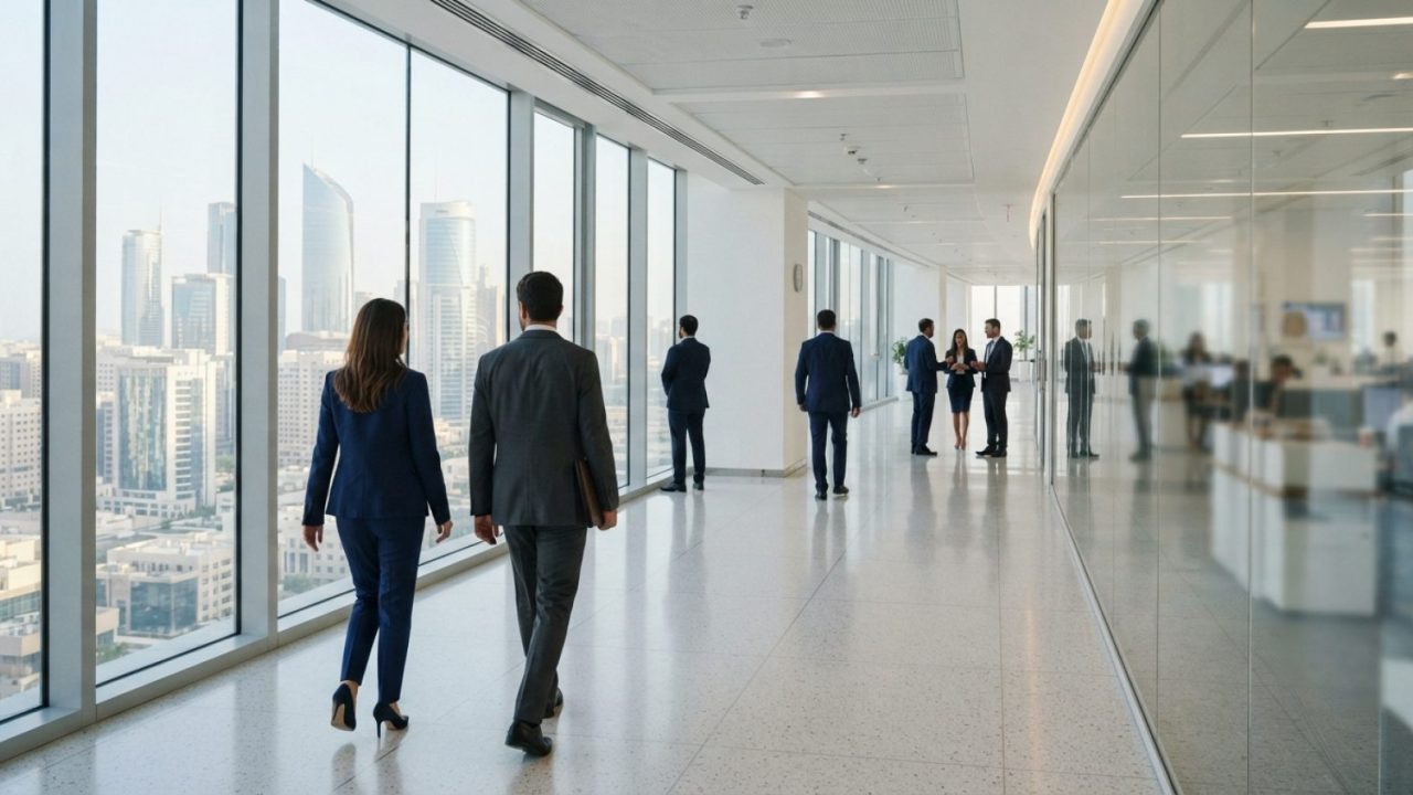 Illustration: A modern, bright urban office and hospital corridor in the United Arab Emirates with professionals in professional attire, architectural