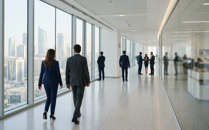 Illustration: A modern, bright urban office and hospital corridor in the United Arab Emirates with professionals in professional attire, architectural