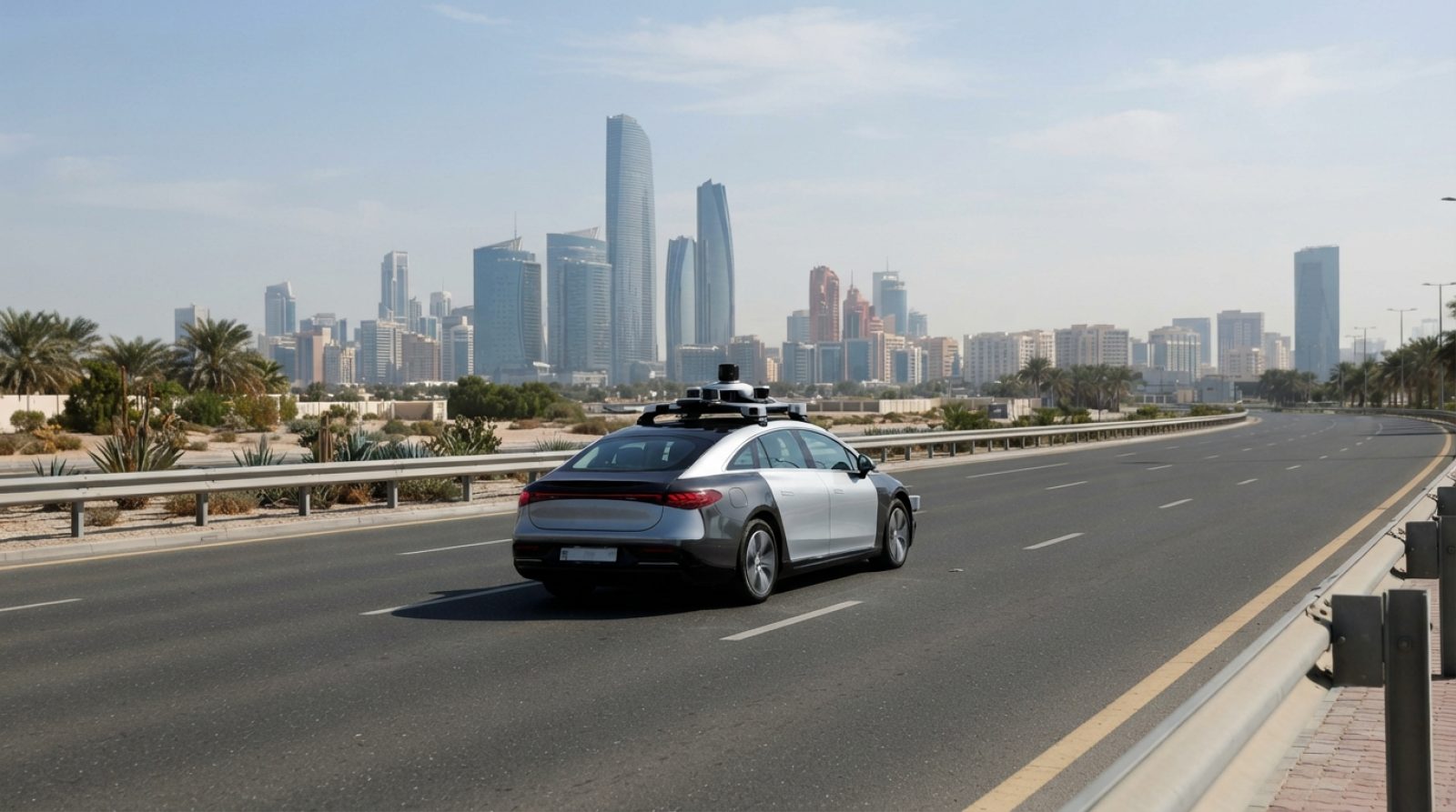 Illustration: A modern autonomous electric vehicle equipped with roof-mounted LiDAR and sensors driving along an empty multi-lane boulevard in a futur