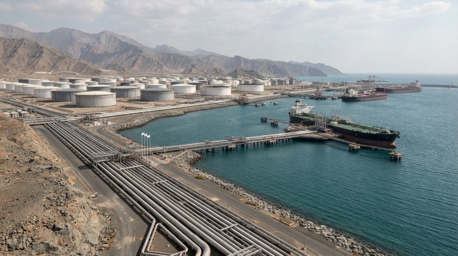Illustration: Editorial photograph showing an expansive crude oil export terminal and storage tank farm at the port of Fujairah, large industrial pipe