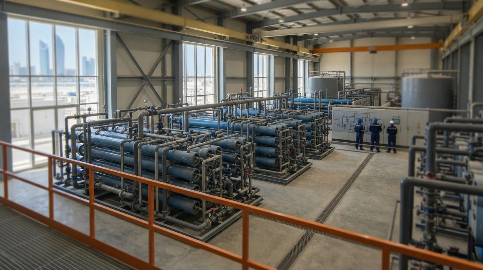 Illustration: Editorial news photograph showing advanced water infrastructure and modern reverse osmosis desalination equipment at a major utility fac