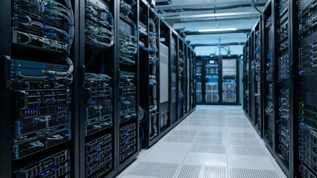 Illustration: Editorial photograph of modern cloud computing infrastructure, showing an interior view of high-density server racks with blue indicator