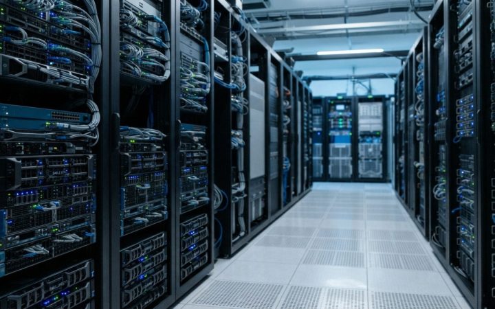 Illustration: Editorial photograph of modern cloud computing infrastructure, showing an interior view of high-density server racks with blue indicator