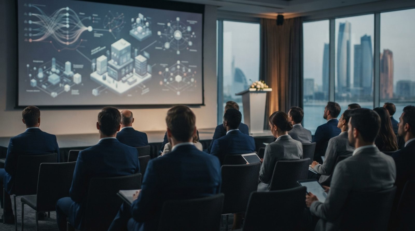 Illustration: An executive technology conference hall in Abu Dhabi, showing modern digital display screens presenting data visualisations and enterpri
