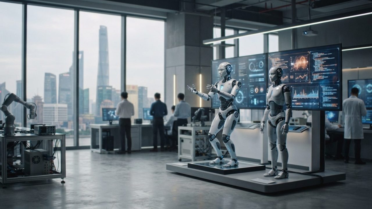 Illustration: Editorial photograph of a modern high-tech robotics and artificial intelligence research laboratory showroom in Shanghai, featuring huma