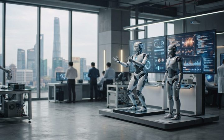 Illustration: Editorial photograph of a modern high-tech robotics and artificial intelligence research laboratory showroom in Shanghai, featuring huma