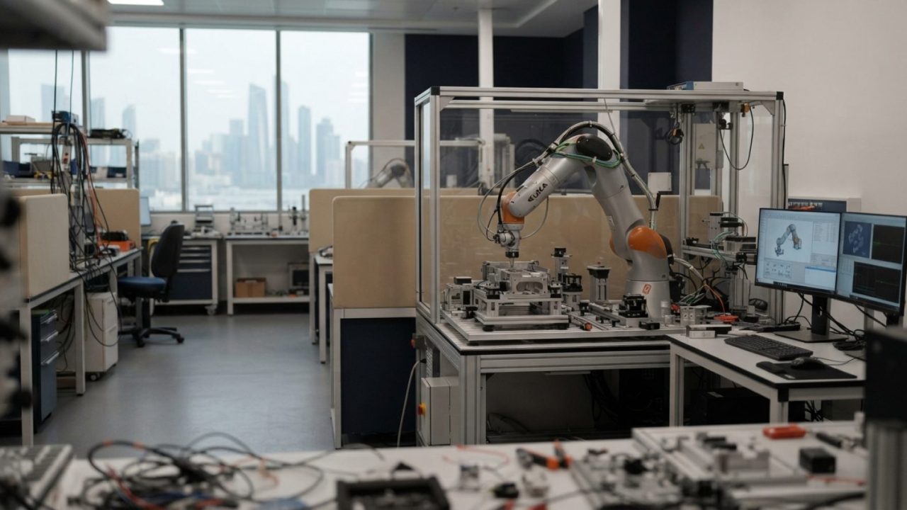 Illustration: A modern high-tech research facility and robotics laboratory interior in a contemporary technology hub with advanced robotic arms and co