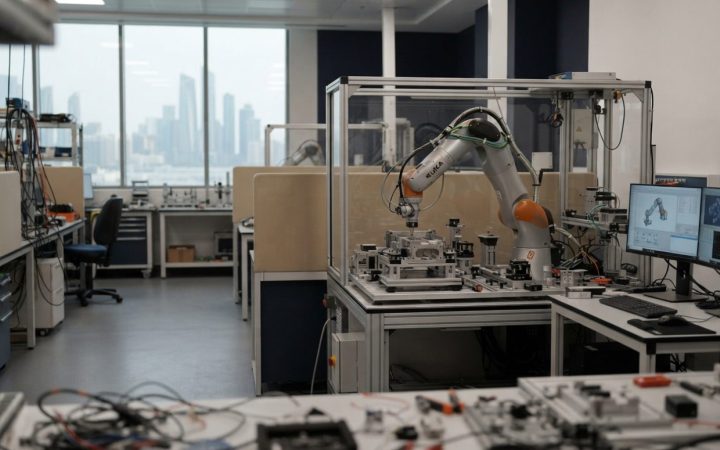 Illustration: A modern high-tech research facility and robotics laboratory interior in a contemporary technology hub with advanced robotic arms and co