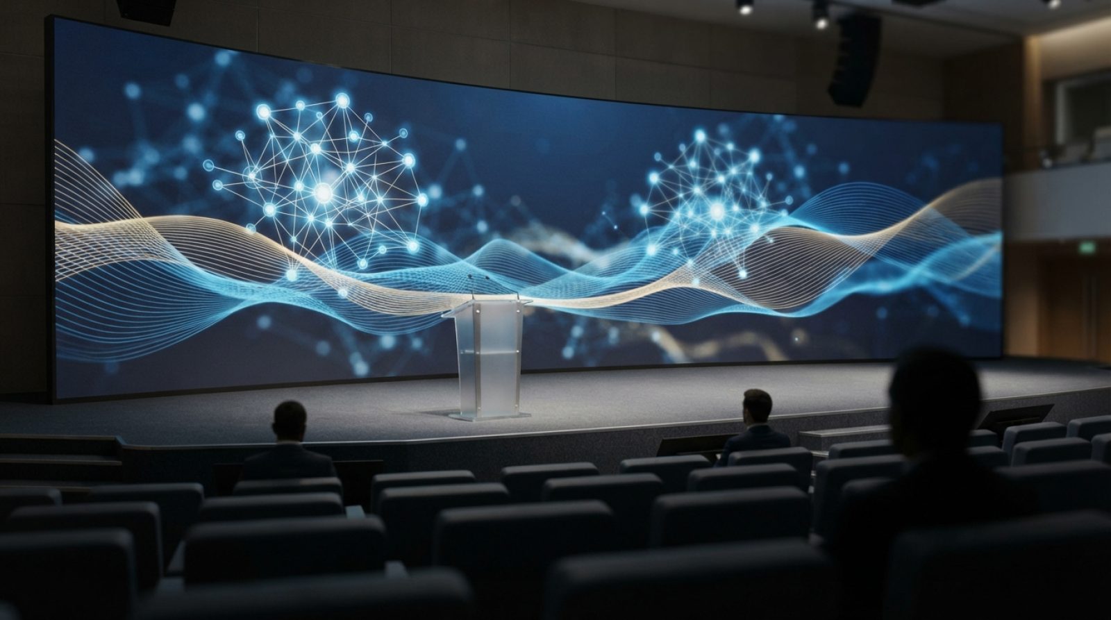 صورة توضيحية: منصة قاعة مؤتمرات تكنولوجية حديثة في أبوظبي مزودة بشاشات عرض رقمية كبيرة تعرض رسومات موجية رقمية مجردة و