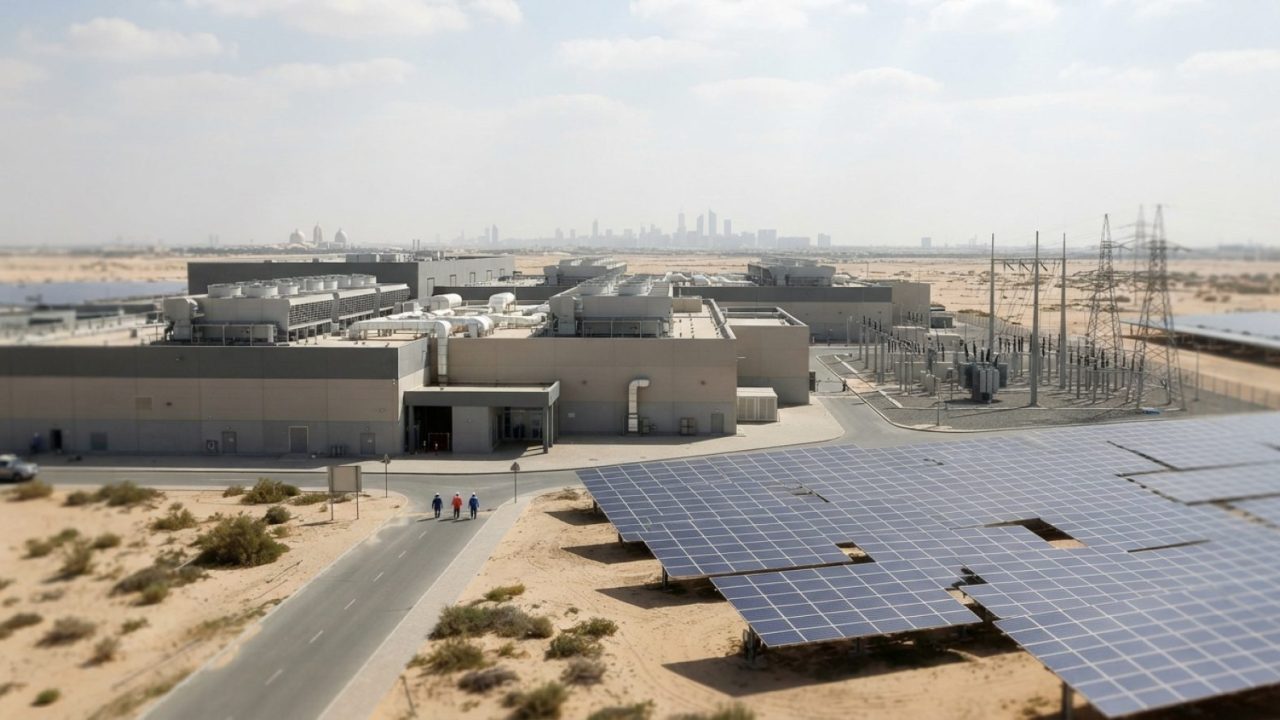 Illustration: An exterior view of a modern hyperscale data center facility in the UAE desert landscape near Abu Dhabi, showing cooling infrastructure,