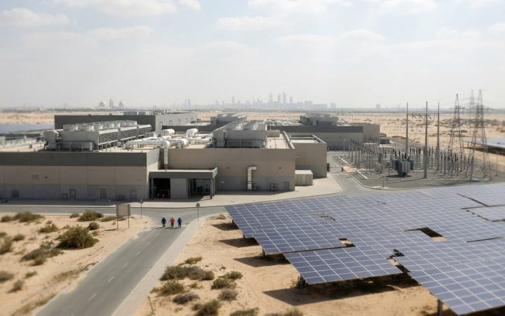 Illustration: An exterior view of a modern hyperscale data center facility in the UAE desert landscape near Abu Dhabi, showing cooling infrastructure,