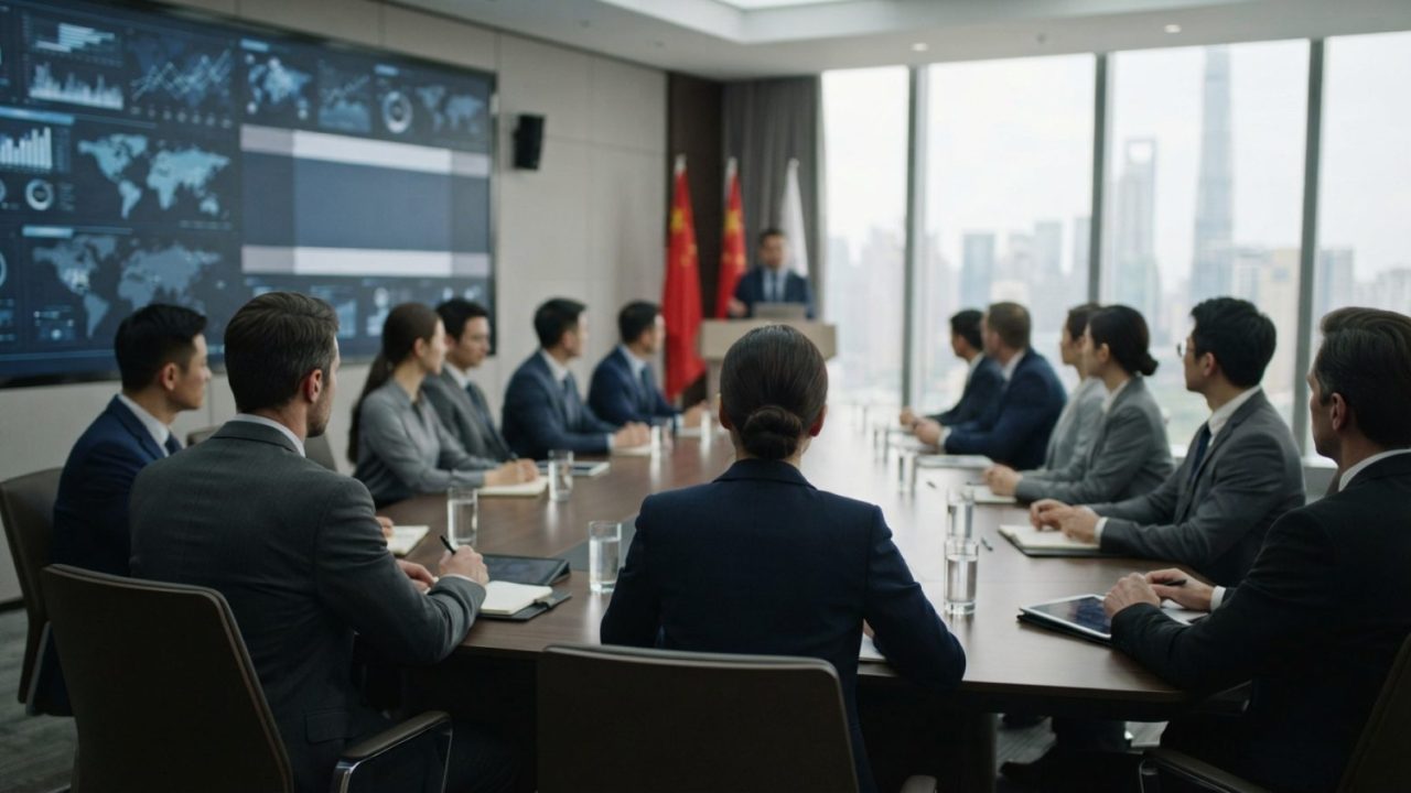 Illustration: A modern corporate delegation boardroom with executives engaged in a professional seminar in a modern Beijing or Shanghai conference hal