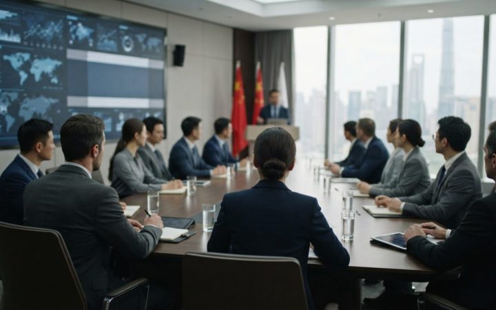 Illustration: A modern corporate delegation boardroom with executives engaged in a professional seminar in a modern Beijing or Shanghai conference hal