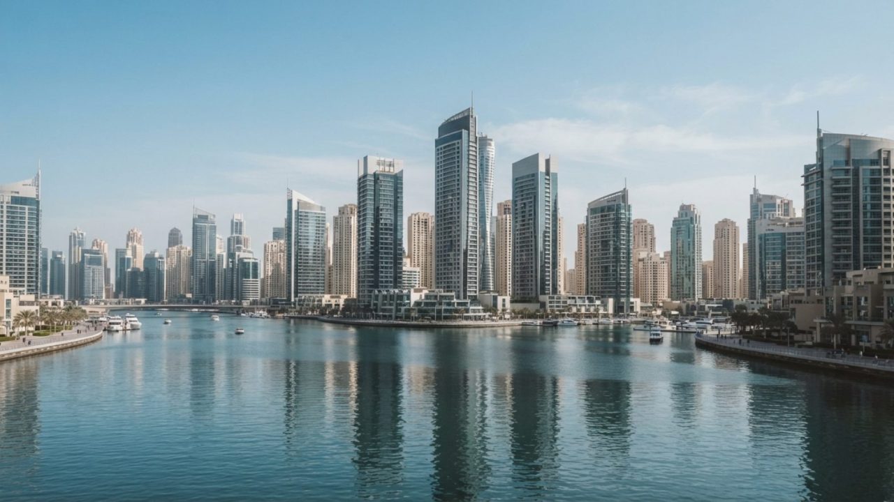 Illustration: Editorial daylight photo of the Dubai Marina commercial skyline with modern office skyscrapers reflecting in calm waterfront canals, cle