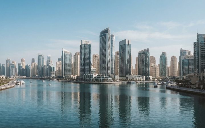 Illustration: Editorial daylight photo of the Dubai Marina commercial skyline with modern office skyscrapers reflecting in calm waterfront canals, cle
