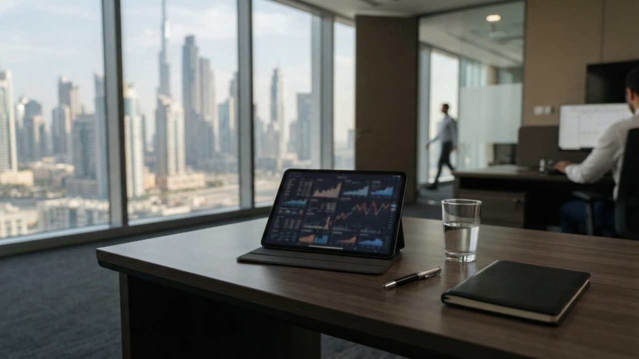 Illustration: A modern corporate office desk in Dubai with a tablet displaying financial charts and electronic invoicing data next to a glass of water