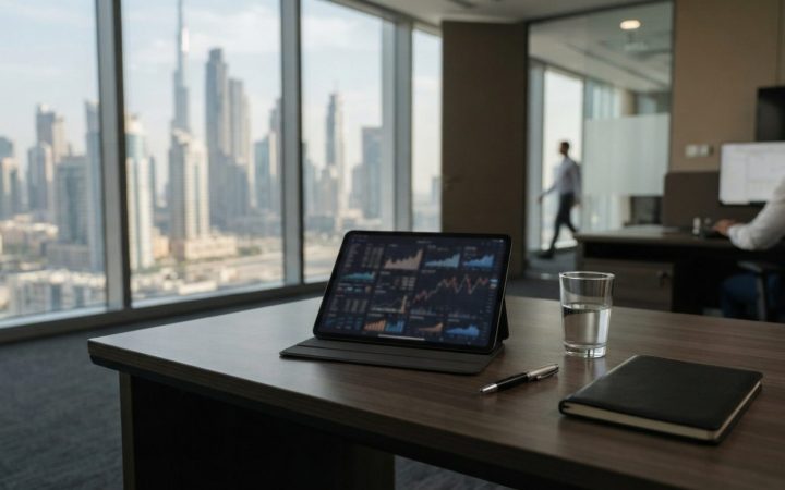 Illustration: A modern corporate office desk in Dubai with a tablet displaying financial charts and electronic invoicing data next to a glass of water