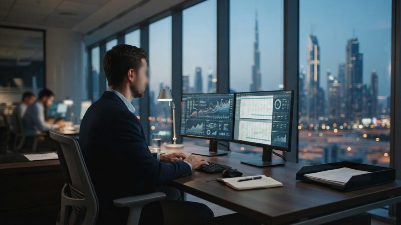 Illustration: A close-up editorial photograph of an accountant reviewing digital tax documents and financial data on a dual-monitor desktop setup in a