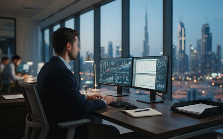 Illustration: A close-up editorial photograph of an accountant reviewing digital tax documents and financial data on a dual-monitor desktop setup in a