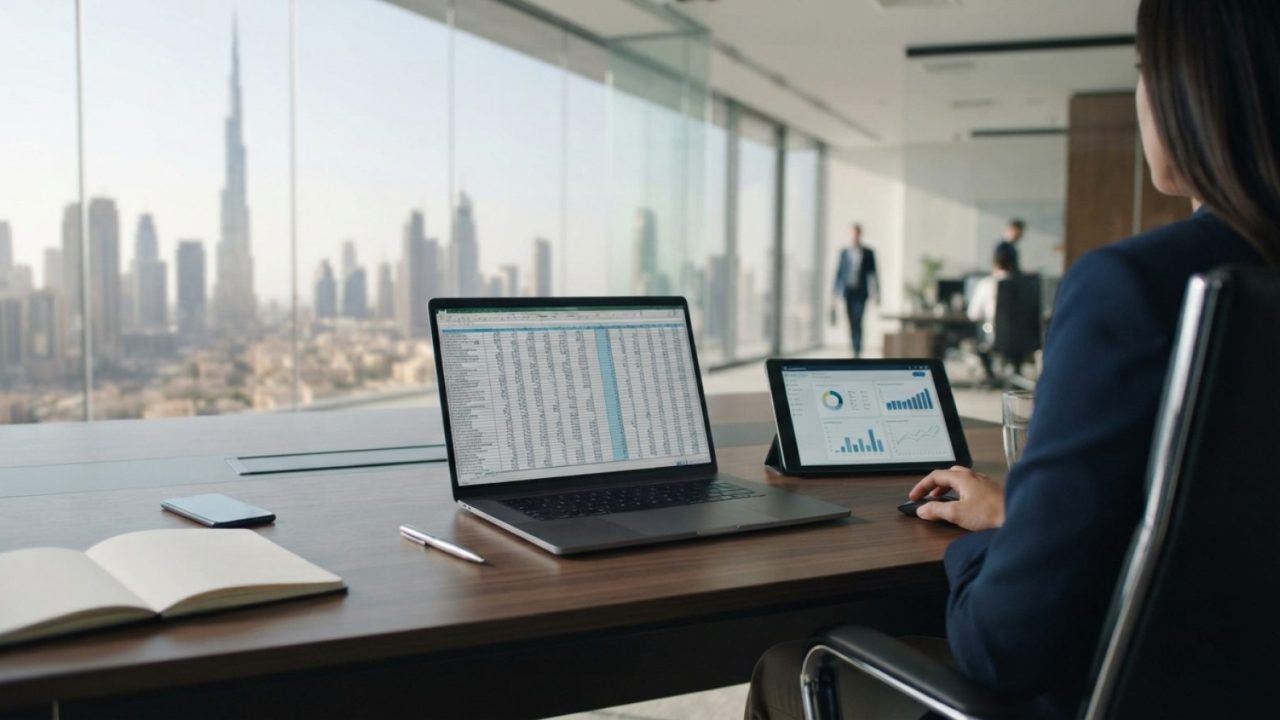 Illustration: A modern corporate office desk in Dubai with an open laptop displaying financial spreadsheets, a digital tablet showing enterprise softw