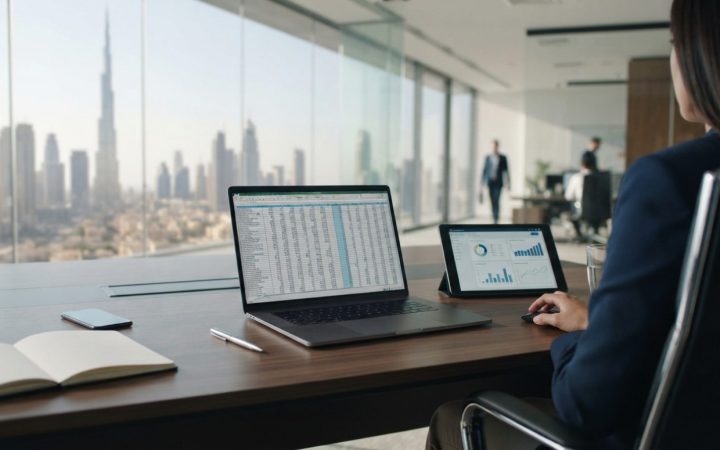 Illustration: A modern corporate office desk in Dubai with an open laptop displaying financial spreadsheets, a digital tablet showing enterprise softw