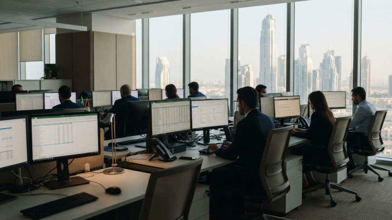 Illustration: A modern corporate accounting office in Dubai with financial professionals working on computer screens displaying digital spreadsheets a