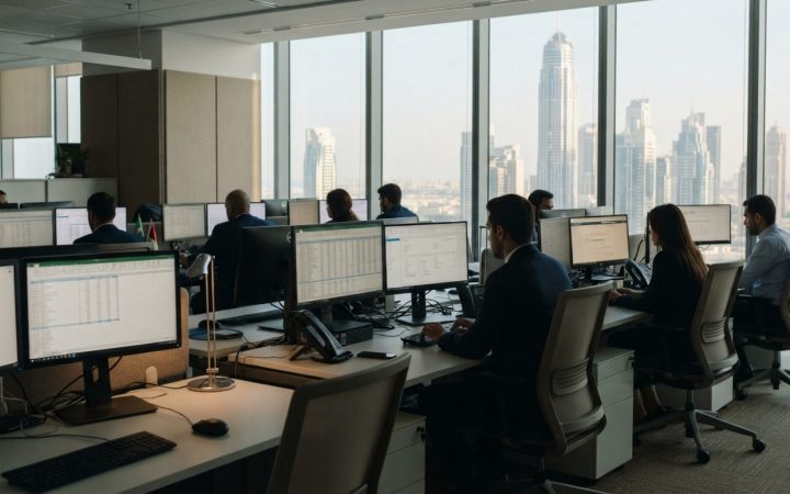 Illustration: A modern corporate accounting office in Dubai with financial professionals working on computer screens displaying digital spreadsheets a