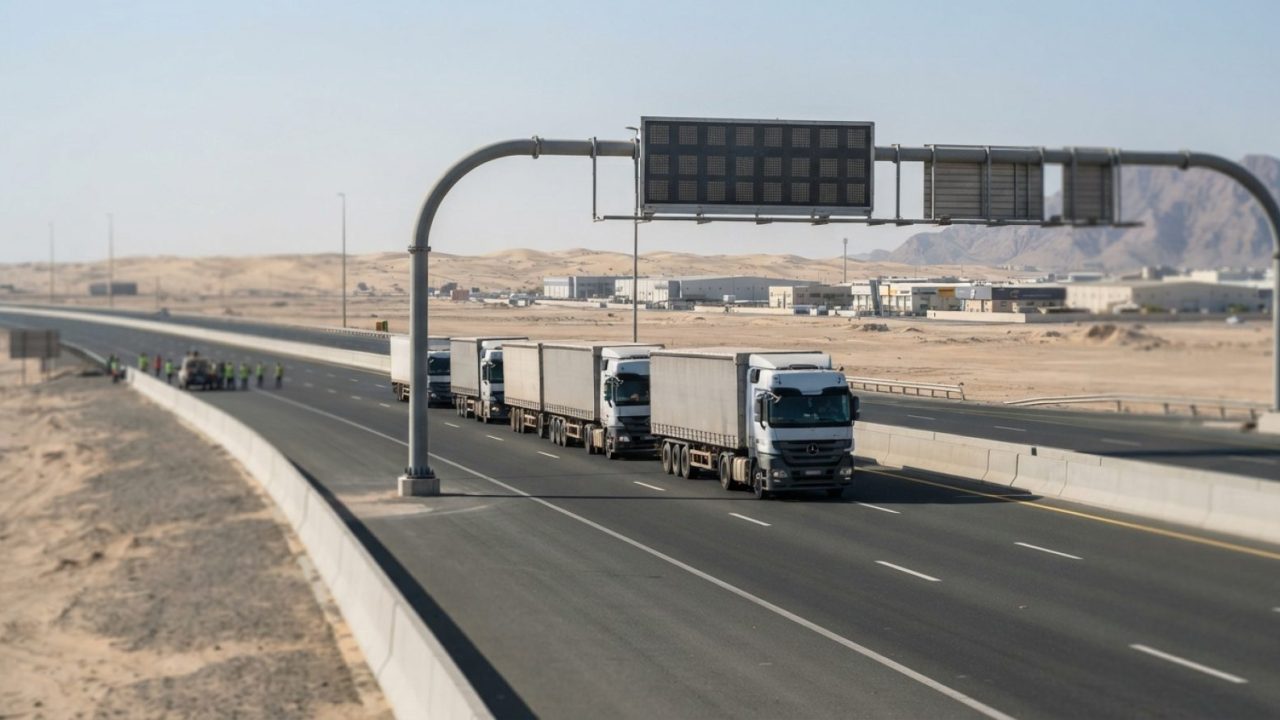 رسم توضيحي: قافلة من شاحنات الشحن الثقيلة متعددة المحاور تسير على طريق سريع حديث متعدد المسارات في دولة الإمارات العربية المتحدة في وضح نهار صحراوي صافٍ