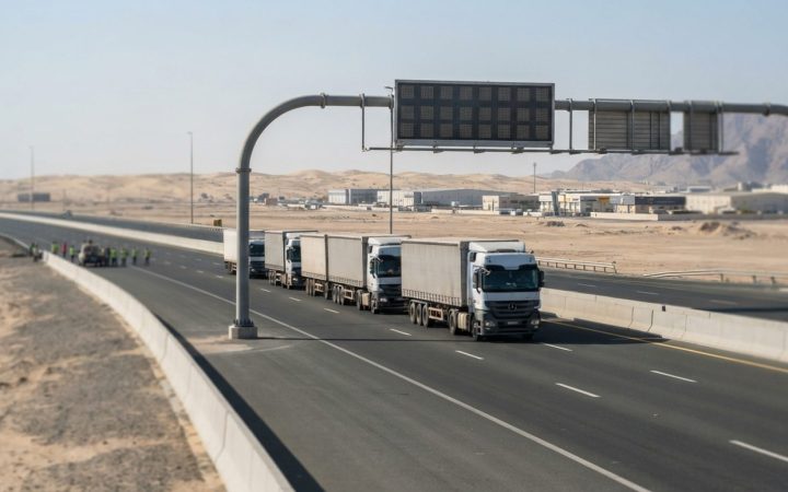 Illustration: A line of heavy multi-axle freight trucks driving on a modern multi-lane highway in the United Arab Emirates under clear desert daylight