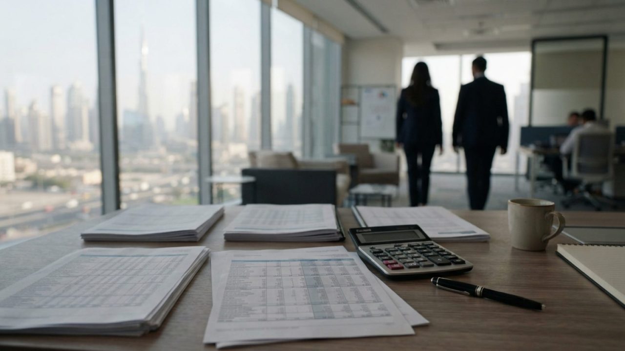 Illustration: A modern corporate office desk in Dubai with financial balance sheets, a calculator, and official tax regulation paperwork in soft natur