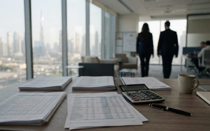 Illustration: A modern corporate office desk in Dubai with financial balance sheets, a calculator, and official tax regulation paperwork in soft natur