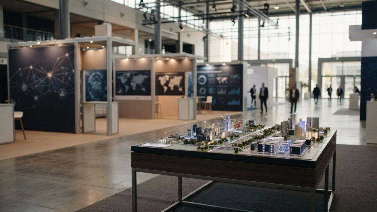 Illustration: A modern commercial exhibition hall and business summit setting with international trade displays and digital infrastructure models, cap