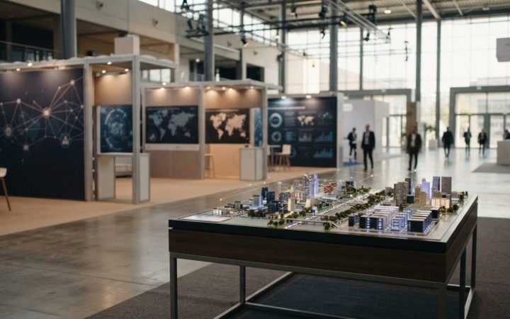 Illustration: A modern commercial exhibition hall and business summit setting with international trade displays and digital infrastructure models, cap