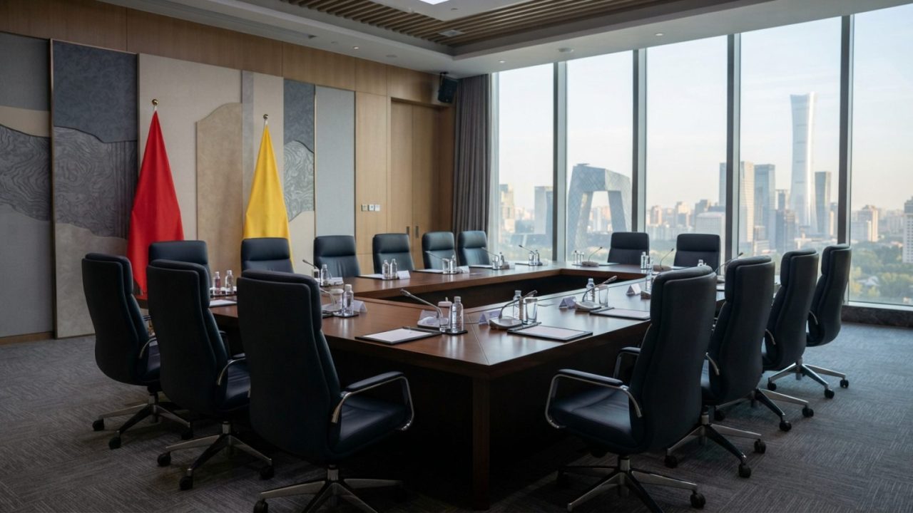 Illustration: A modern, bright diplomatic conference room in Beijing with bilateral negotiation tables and professional boardroom seating, editorial n