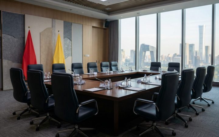 Illustration: A modern, bright diplomatic conference room in Beijing with bilateral negotiation tables and professional boardroom seating, editorial n