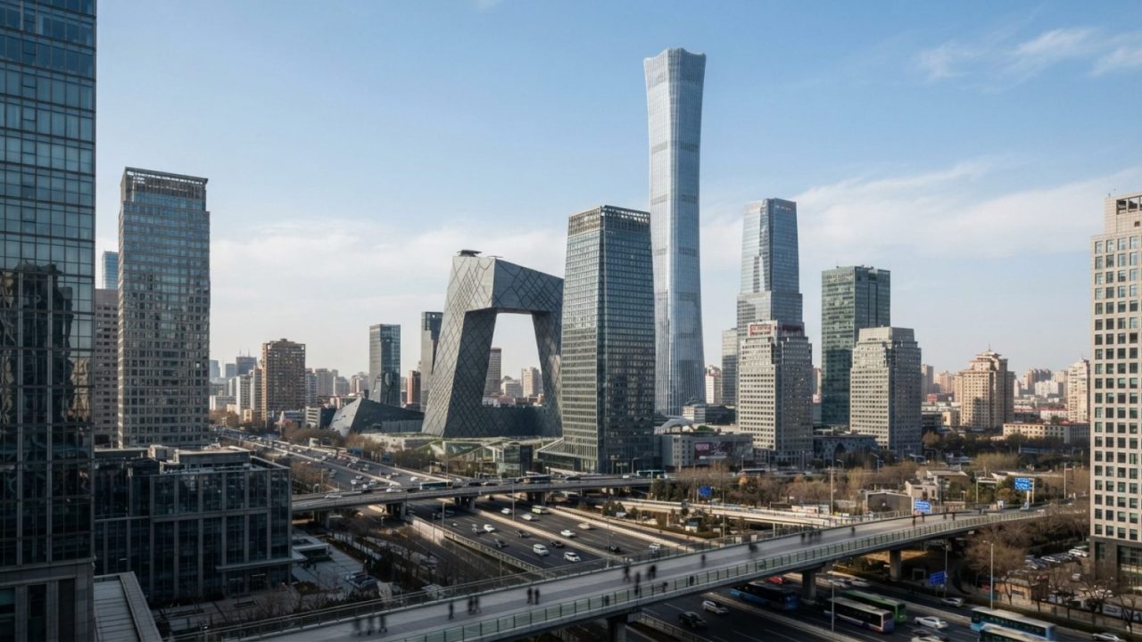 Illustration: Editorial style view of the modern Beijing financial skyline featuring prominent corporate glass towers under clear daylight, representi