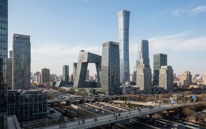 Illustration: Editorial style view of the modern Beijing financial skyline featuring prominent corporate glass towers under clear daylight, representi