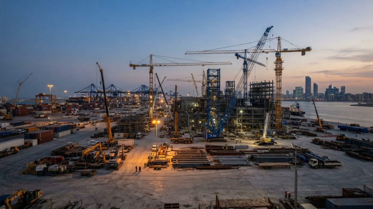 Illustration: A wide editorial shot of heavy industrial construction cranes, steel structures, and machinery on a coastal commercial development zone