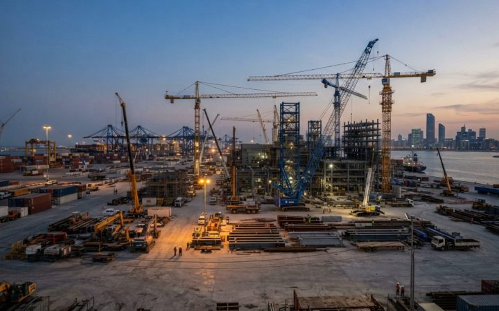 Illustration: A wide editorial shot of heavy industrial construction cranes, steel structures, and machinery on a coastal commercial development zone