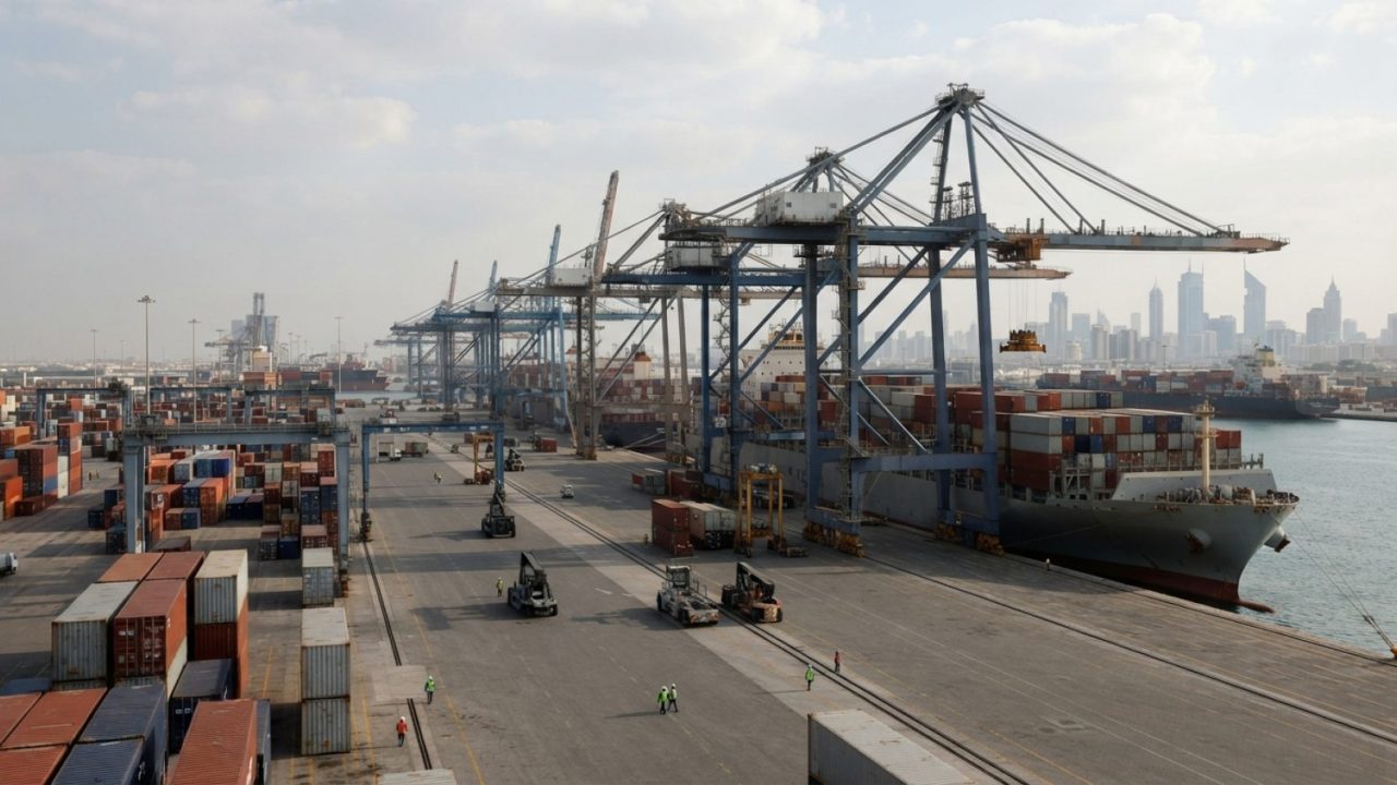 Illustration: Editorial photograph of a bustling modern commercial container port terminal with large gantry cranes loading shipping containers, set a