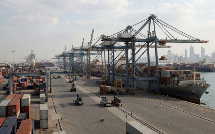 Illustration: Editorial photograph of a bustling modern commercial container port terminal with large gantry cranes loading shipping containers, set a