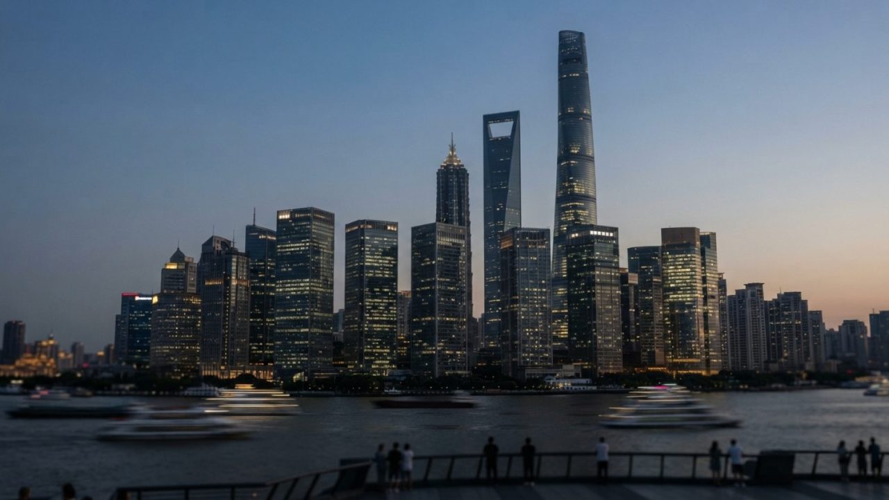 Illustration: Editorial photograph of high-rise financial district towers with illuminated glass facades against an evening sky, representing internat