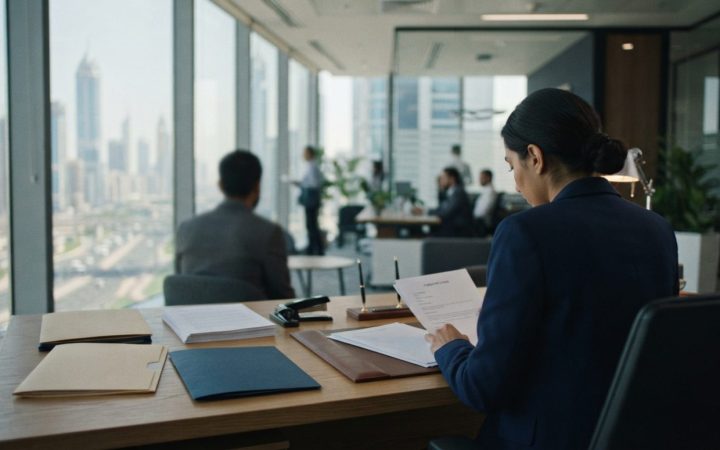 Illustration: A modern corporate human resources office interior in Dubai, showing a desk with official employment contracts, folders, and stationery,