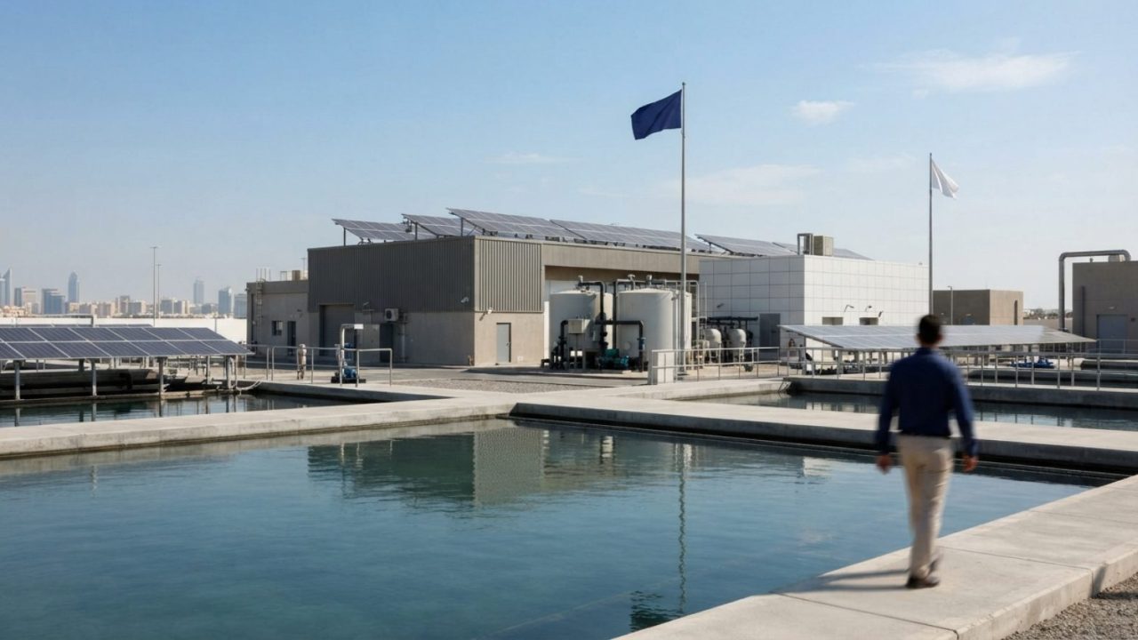 Illustration: A modern water treatment facility with advanced green-tech infrastructure, clean water reflection, and solar panels under a clear blue s