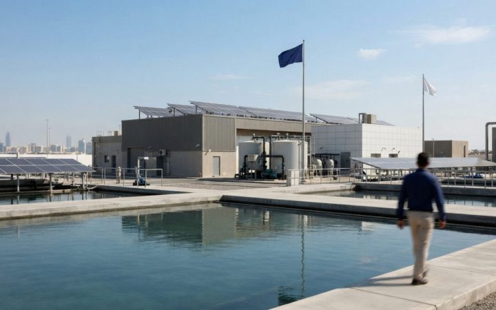 Illustration: A modern water treatment facility with advanced green-tech infrastructure, clean water reflection, and solar panels under a clear blue s