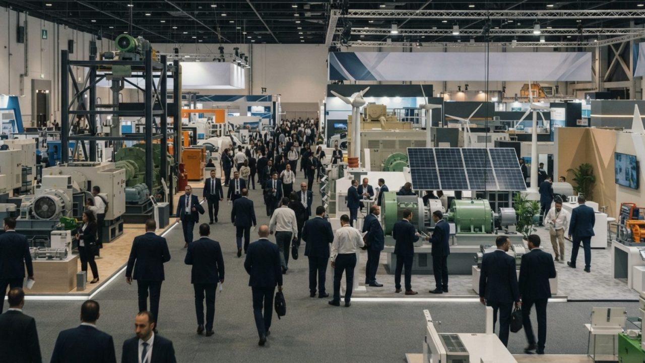 Illustration: A wide editorial view inside a modern, bustling international convention exhibition hall showcasing industrial machinery and clean energ