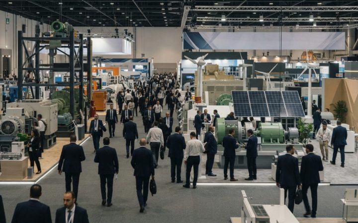 Illustration: A wide editorial view inside a modern, bustling international convention exhibition hall showcasing industrial machinery and clean energ