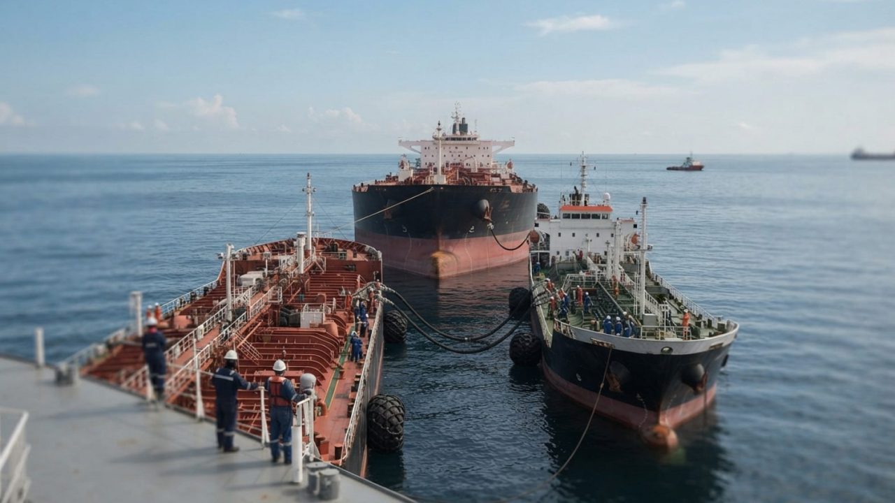 Illustration: A commercial oil tanker conducting a ship-to-ship petroleum transfer with another vessel in calm offshore open waters under a clear dayl